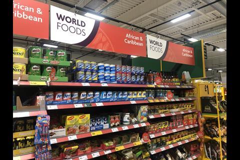 The store has a more extensive worlds food section than others of its size, reflecting its multicultural location